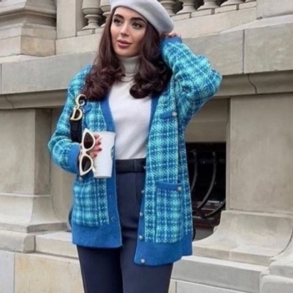 New Zara Blue Plaid Knit Long Cardigan/Jacket - Picture 3 of 7